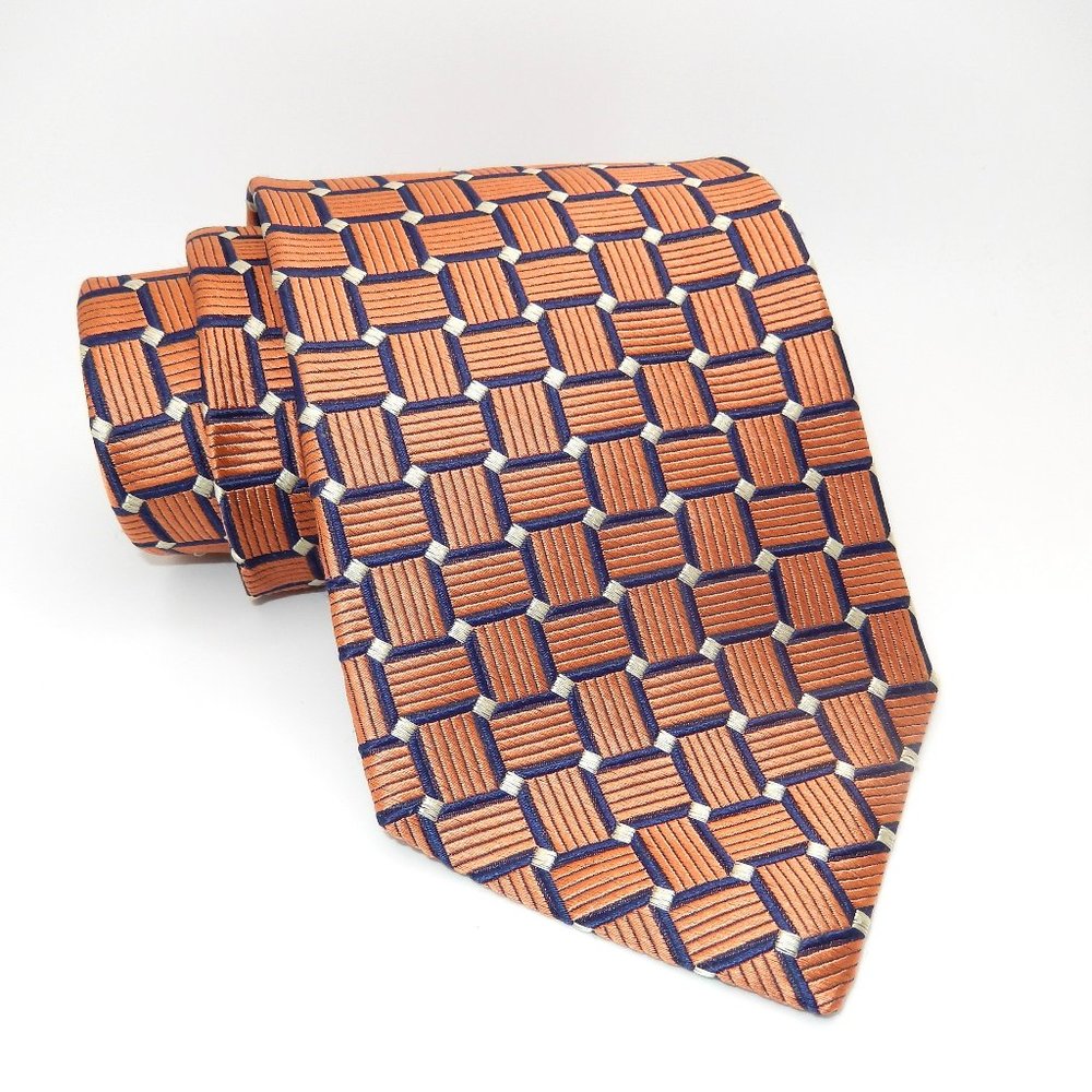 Nautica / Men's Designer 100% Silk Necktie / Orange & Navy / L - 56" x W - 4"